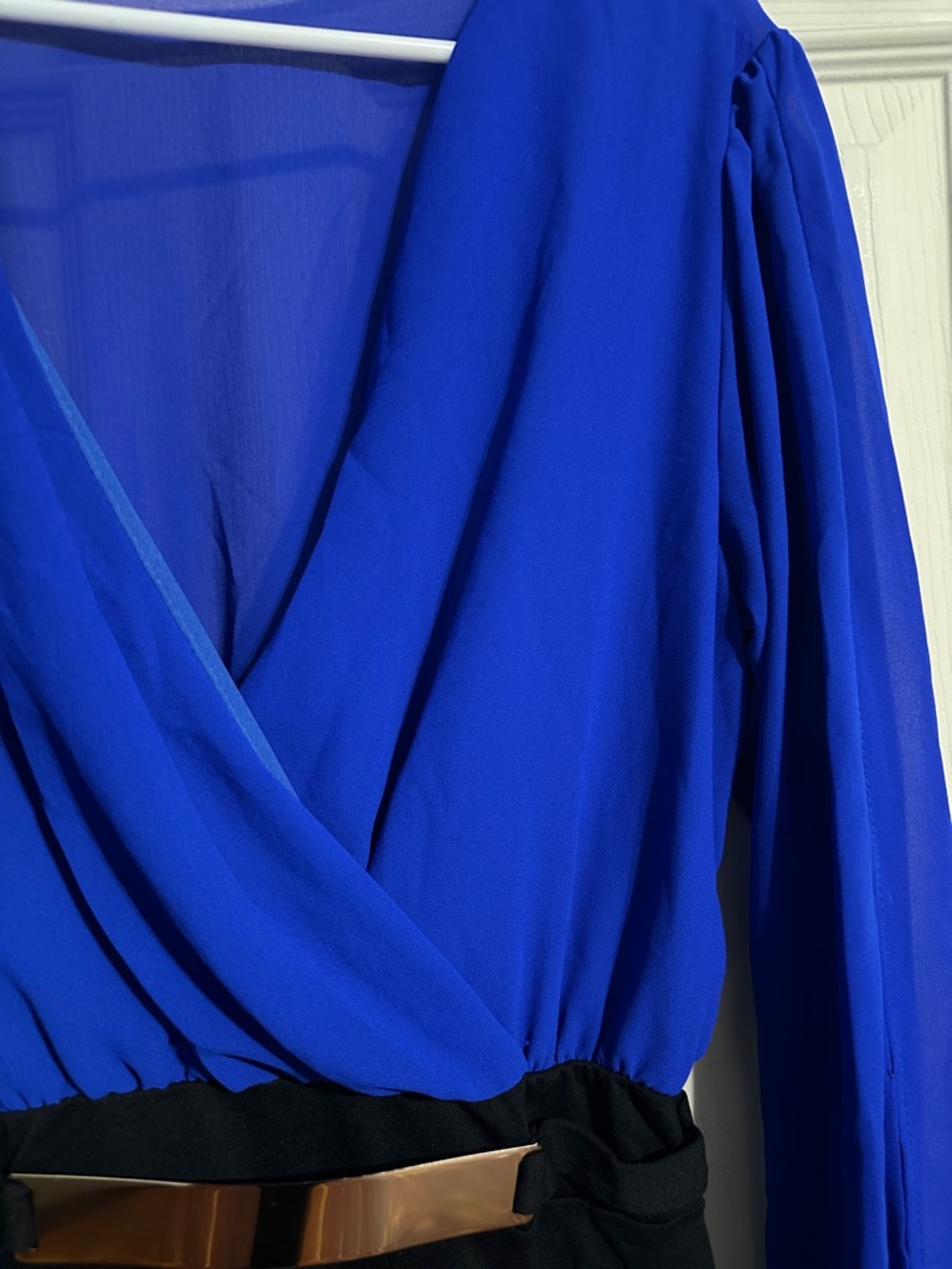 Royal Blue and Black Surplice Long-Sleeve Dress - Picture 3 of 4